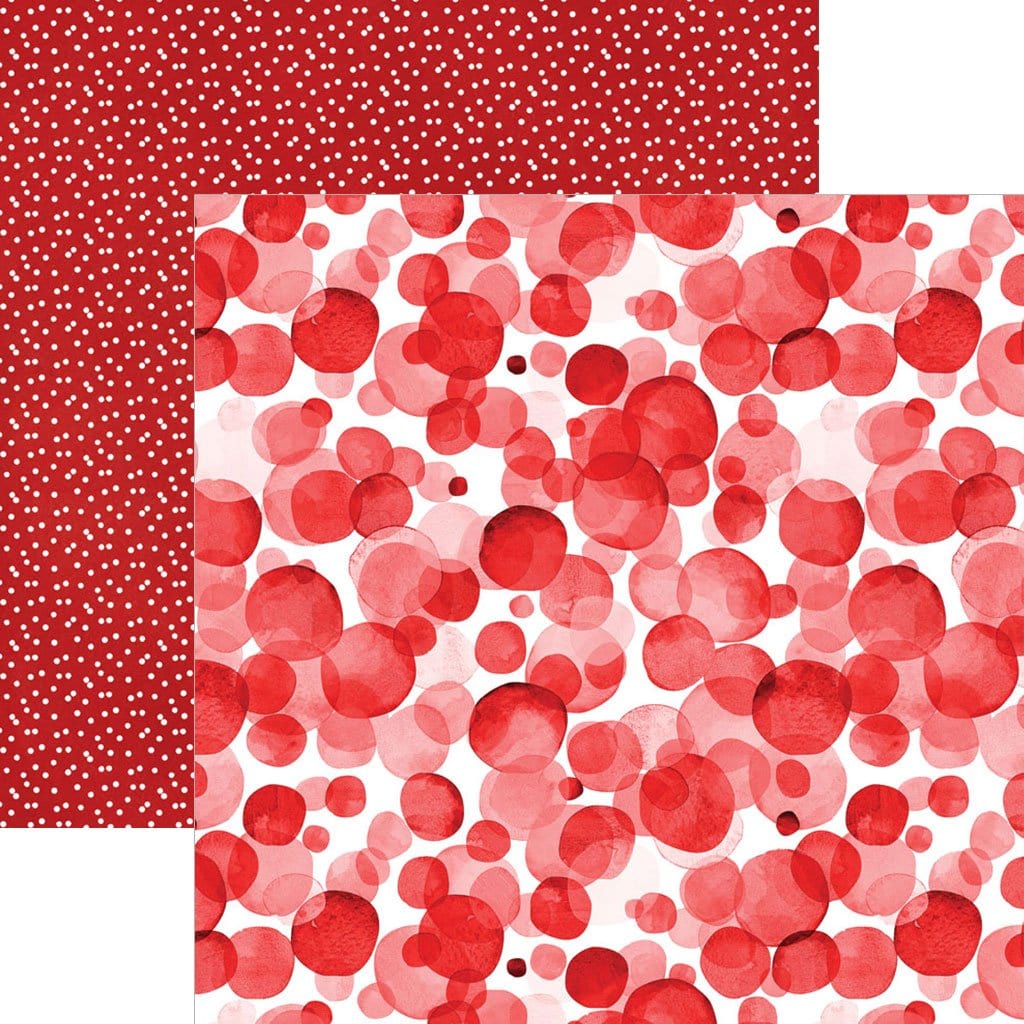 PSET-0022E - Red Colorways Pattern 12 x 12 Scrapbook Paper Set - Two red patterned scrapbook papers side by side: one with small white dots on red, the other with overlapping red and pink circles on white