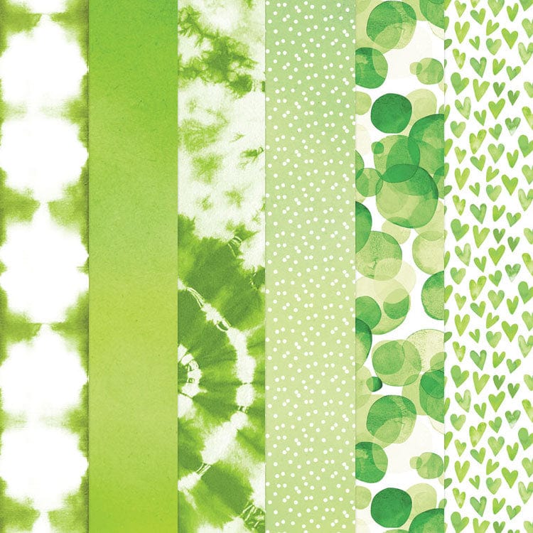 PSET-0023E - Green Colorways Pattern 12 x 12 Scrapbook Paper Set - Six vertical strips of scrapbook paper in shades of green featuring tie-dye, polka dots, circles, and heart patterns on white backgrounds
