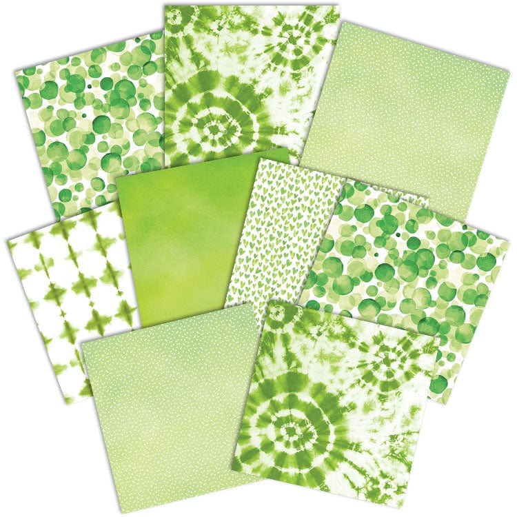 PSET-0023E - Green Colorways Pattern 12 x 12 Scrapbook Paper Set - Nine sheets of green and white scrapbook paper featuring circles, tie-dye, polka dots, and solid colors