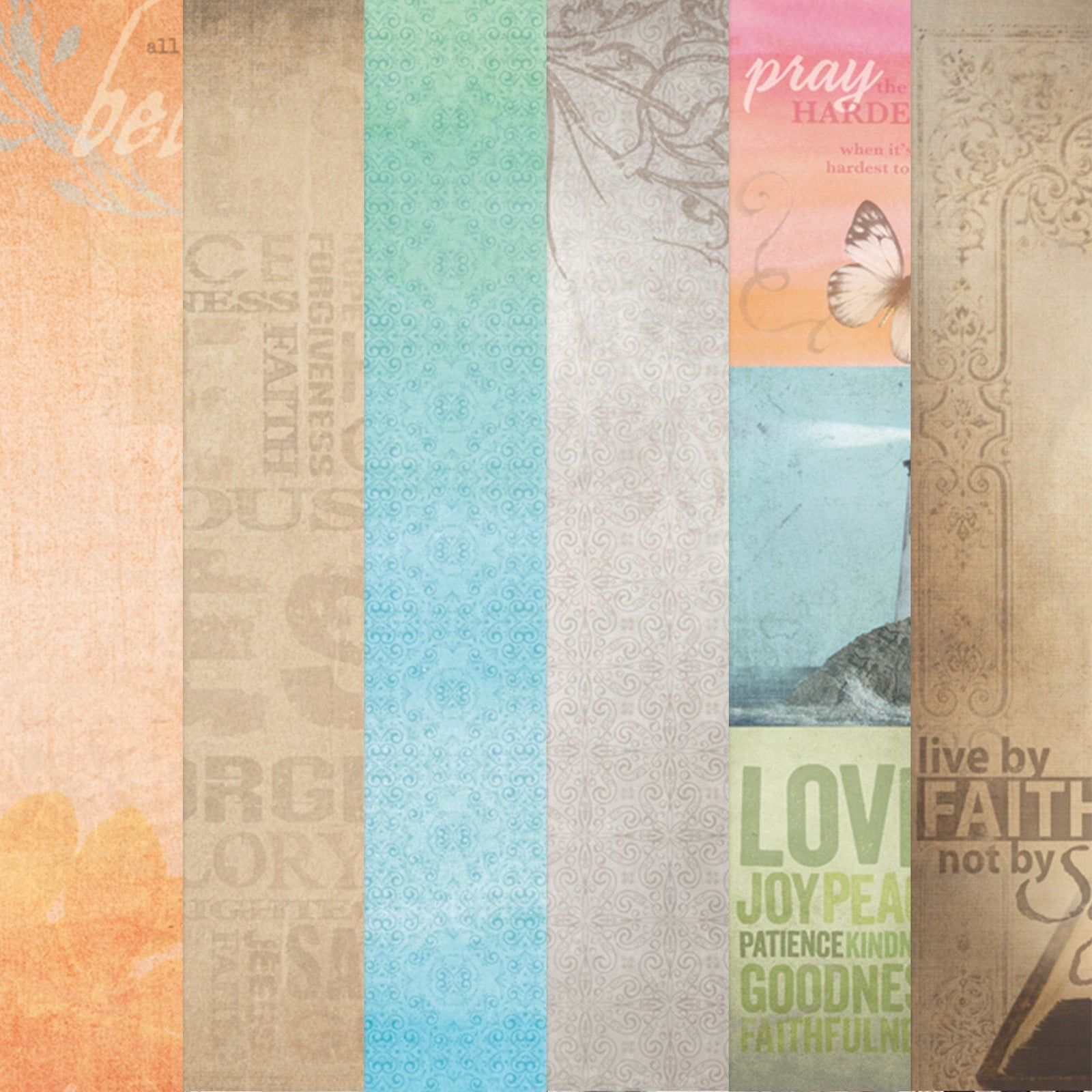 PSET-0024E - FAITH PATTERN 12 X12 SCRAPBOOK PAPER SET - Six vertical decorative scrapbook papers in pastel colors featuring inspirational text and nature imagery including butterflies and landscapes