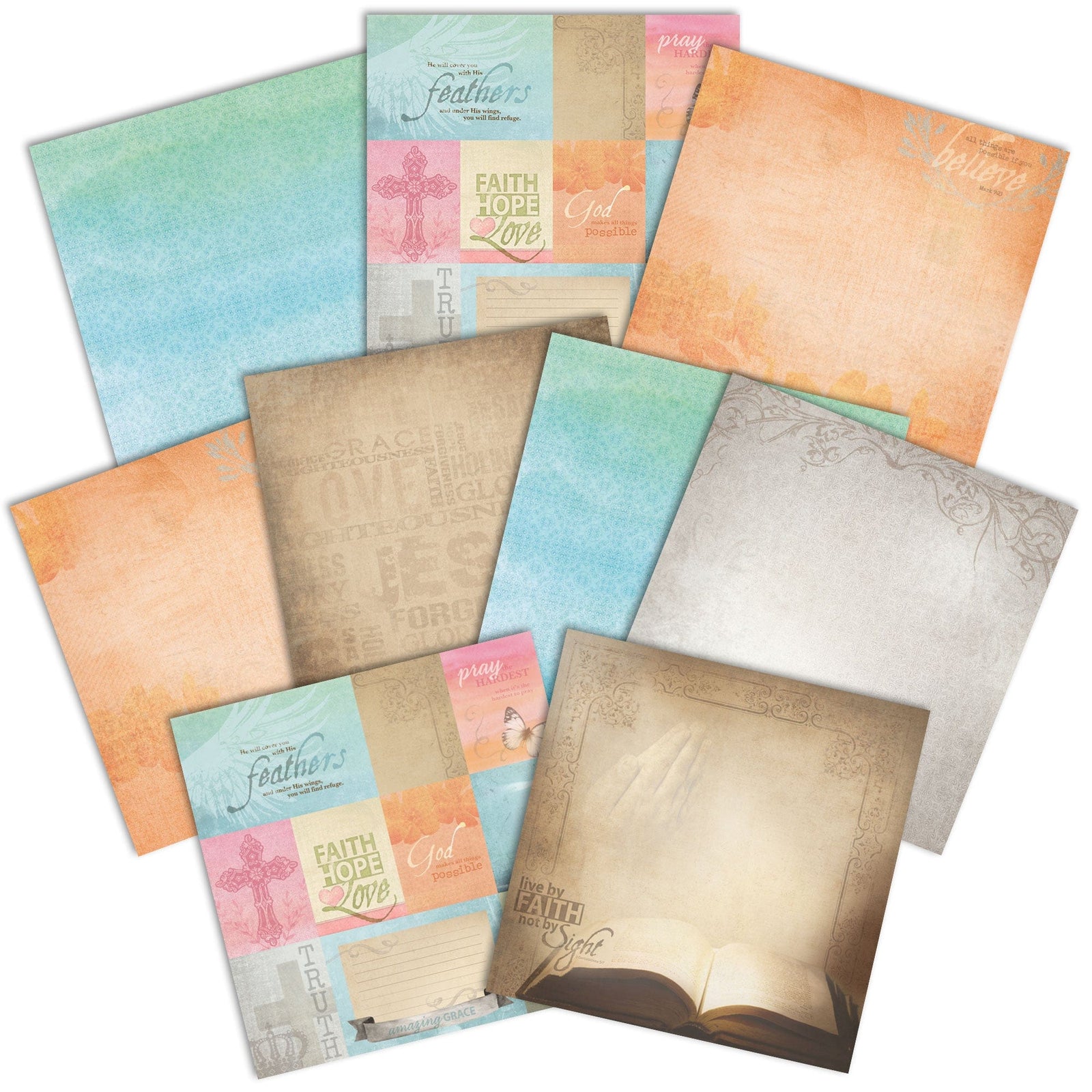 PSET-0024E - FAITH PATTERN 12 X12 SCRAPBOOK PAPER SET - Twelve 12x12 scrapbook papers featuring pastel colors, religious text, and decorative elements in blues, pinks, oranges, and neutrals