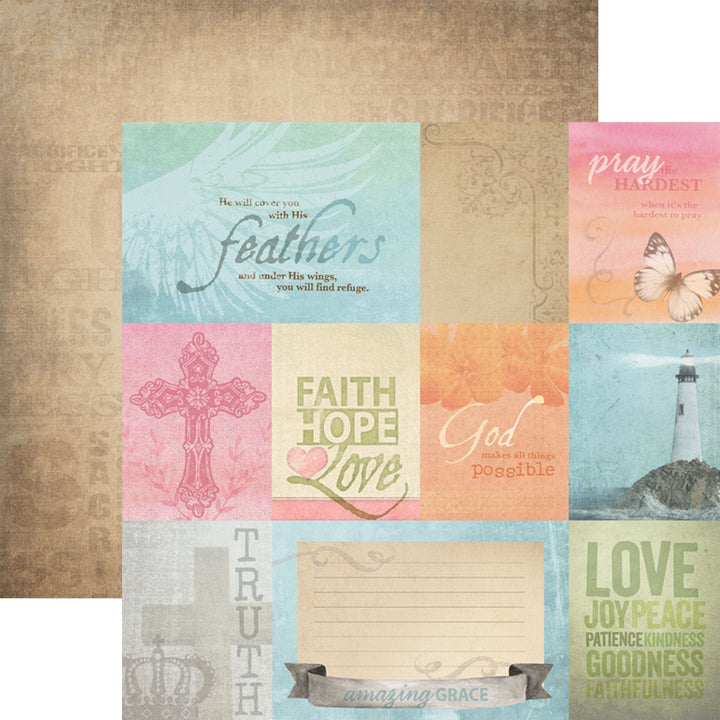 PSET-0024E - FAITH PATTERN 12 X12 SCRAPBOOK PAPER SET - Collection of 12x12 scrapbook papers featuring inspirational text, pastel colors, crosses, butterflies, and lighthouse imagery
