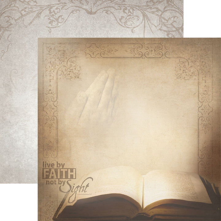 PSET-0024E - FAITH PATTERN 12 X12 SCRAPBOOK PAPER SET - Vintage-style scrapbook paper featuring an open book, praying hands, ornate borders, and "live by FAITH not by Sight" text in warm beige tones