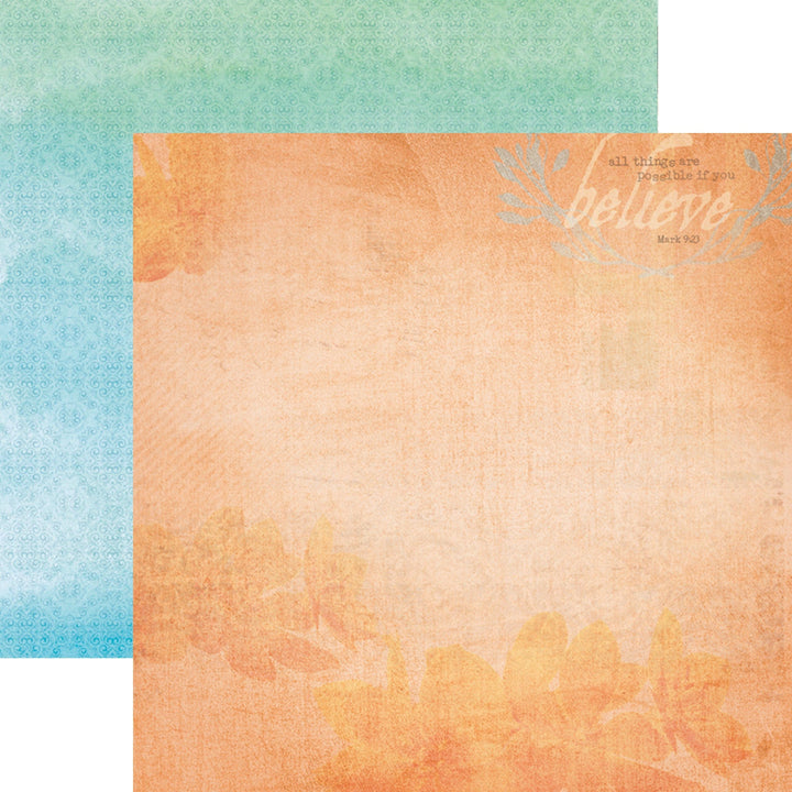 PSET-0024E - FAITH PATTERN 12 X12 SCRAPBOOK PAPER SET - Two overlapping scrapbook pages with turquoise damask pattern and peachy watercolor floral design with inspirational text