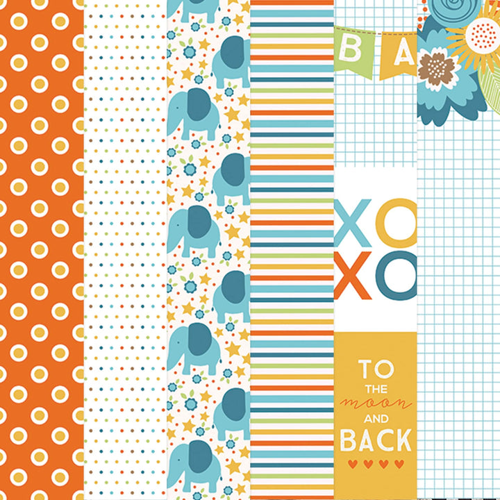 PSET-0025E - BABY BOY PATTERN 12 X12 SCRAPBOOK PAPER SET - Colorful scrapbook paper patterns featuring elephants, stars, stripes, polka dots, flowers, and "XOXO" and "To the moon and back" text
