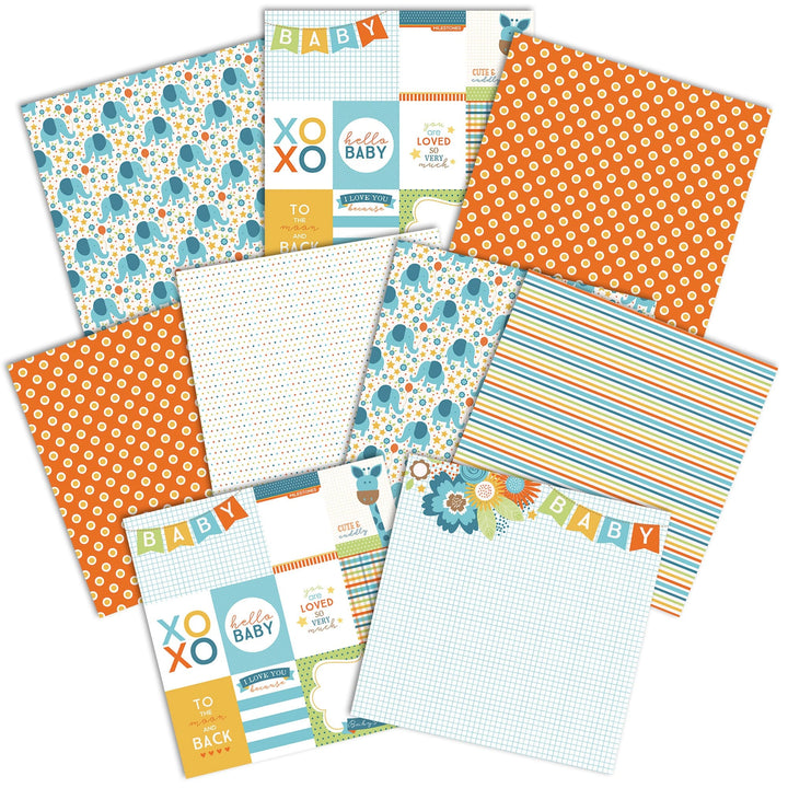 PSET-0025E - BABY BOY PATTERN 12 X12 SCRAPBOOK PAPER SET - Twelve coordinating scrapbook papers in blue, orange, and yellow featuring elephants, polka dots, stripes, and baby-themed text