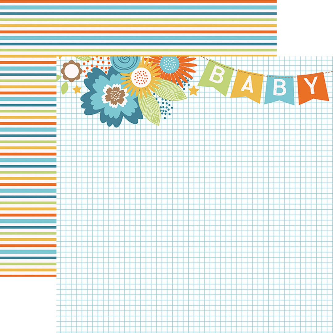 PSET-0025E - BABY BOY PATTERN 12 X12 SCRAPBOOK PAPER SET - Colorful scrapbook paper with striped borders, decorative flowers, and "BABY" banner in blue, orange, green, and yellow tones