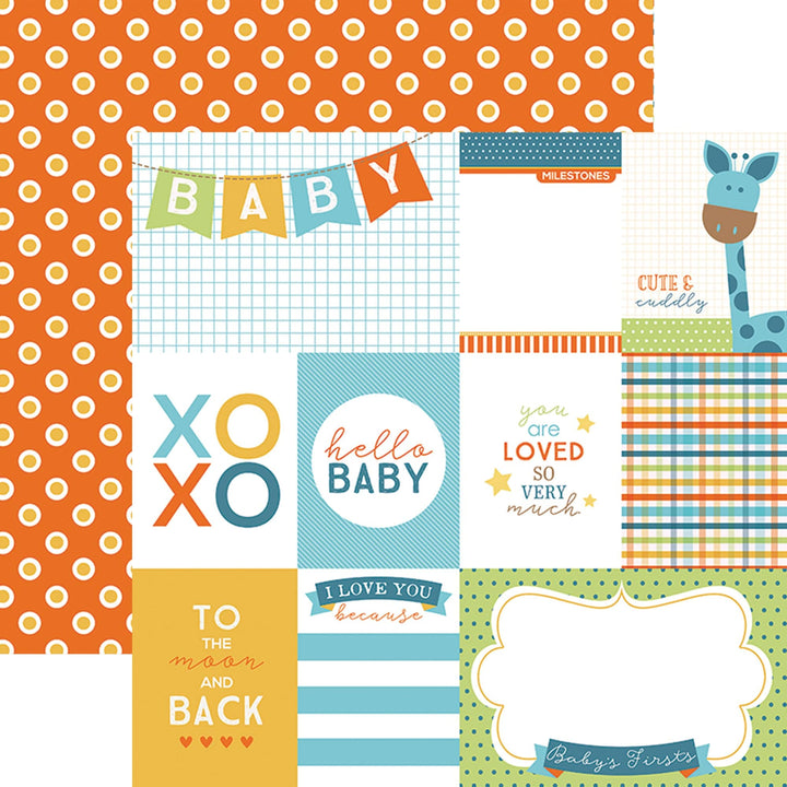 PSET-0025E - BABY BOY PATTERN 12 X12 SCRAPBOOK PAPER SET - Colorful baby-themed scrapbook paper with polka dots, banners, giraffe illustrations, and sentiment text in orange, blue, yellow, and green