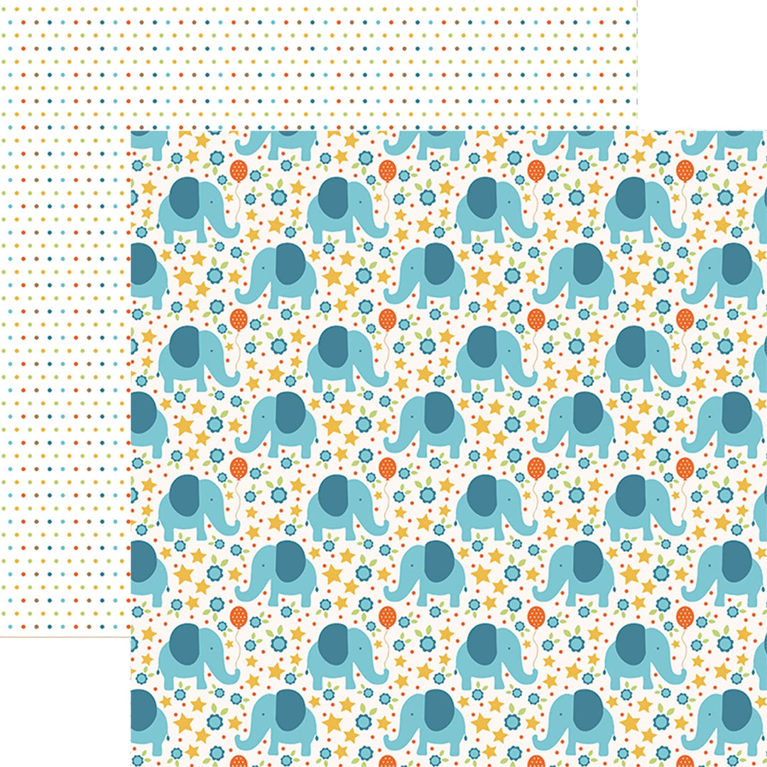 PSET-0025E - BABY BOY PATTERN 12 X12 SCRAPBOOK PAPER SET - Two coordinating scrapbook paper designs: colorful polka dots and elephants with stars and balloons in blue, yellow, and orange