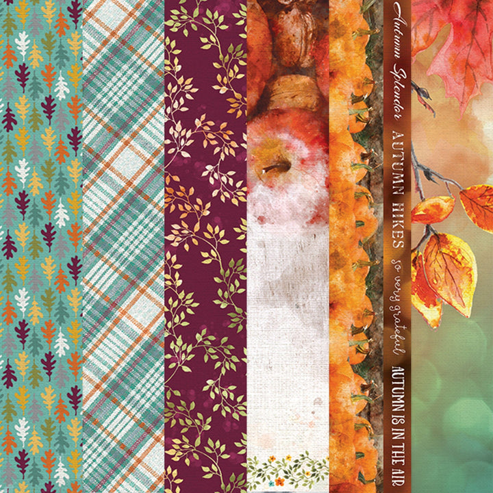 PSET-0026E - AUTUMN WOODS  PATTERN 12 X12 SCRAPBOOK PAPER SET - Collection of autumn-themed scrapbook papers featuring geometric patterns, plaid, florals, fall leaves, and warm earth tones in vertical strips