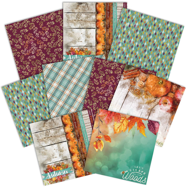 PSET-0026E - AUTUMN WOODS  PATTERN 12 X12 SCRAPBOOK PAPER SET - Twelve decorative scrapbook papers in autumn colors featuring floral patterns, plaids, fall leaves, pumpkins, and wood textures in burgundy, teal, and orange tones