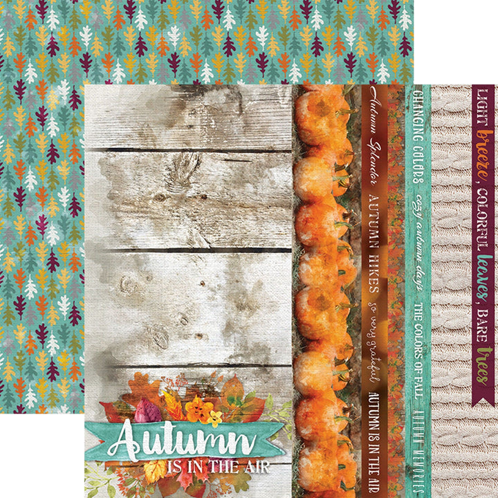 PSET-0026E - AUTUMN WOODS  PATTERN 12 X12 SCRAPBOOK PAPER SET - Scrapbook paper set featuring autumn woods patterns with trees, pumpkins, wood textures, and fall-themed banners in teal, orange, and burgundy colors