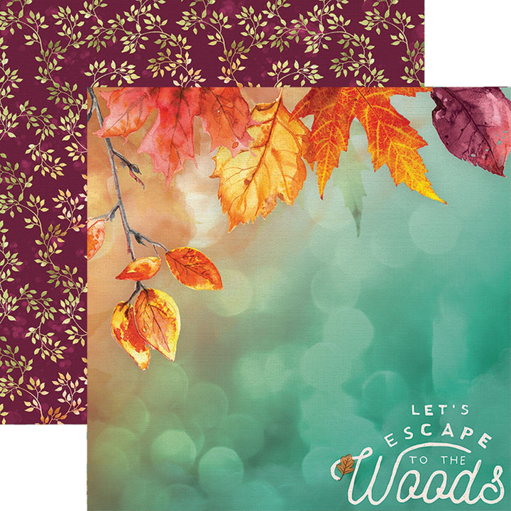 PSET-0026E - AUTUMN WOODS  PATTERN 12 X12 SCRAPBOOK PAPER SET - Two coordinating scrapbook paper designs featuring autumn leaves and decorative patterns in burgundy, gold, and green tones with "Let&