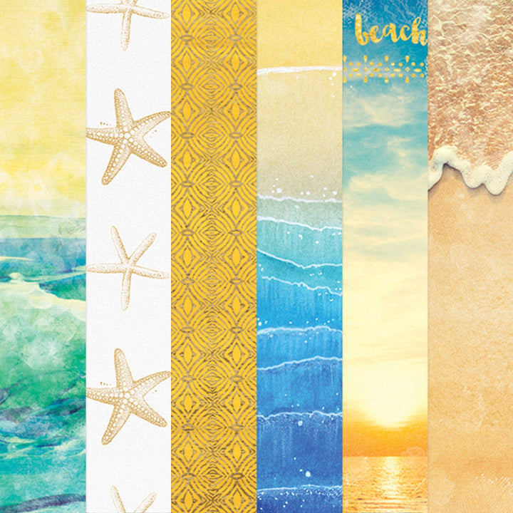 PSET-0027E - BEACHY KEEN PATTERN 12 X12 SCRAPBOOK PAPER SET - Six vertical strips in beach-themed designs featuring starfish, geometric patterns, ocean waves, and sandy textures in blue, yellow, and tan tones