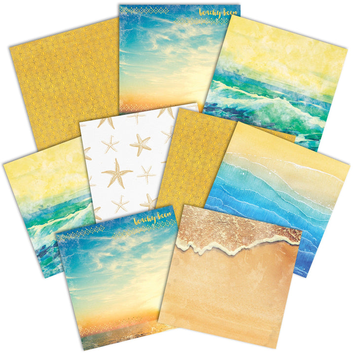 PSET-0027E - BEACHY KEEN PATTERN 12 X12 SCRAPBOOK PAPER SET - Nine 12x12 scrapbook papers featuring beach themes with ocean waves, starfish, sandy shores, and coordinating geometric patterns in yellow and blue tones