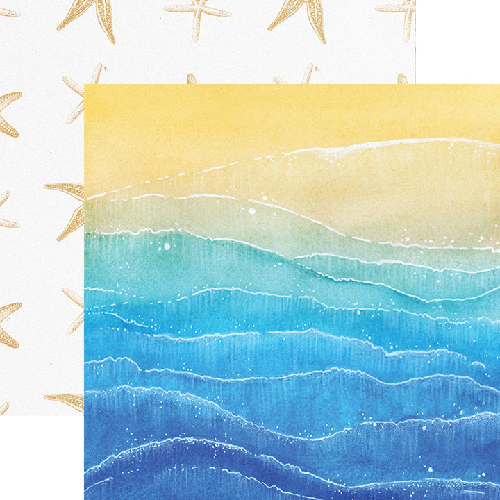 PSET-0027E - BEACHY KEEN PATTERN 12 X12 SCRAPBOOK PAPER SET - Layered ocean waves in gradient blue and yellow tones with white foam details and scattered starfish border pattern