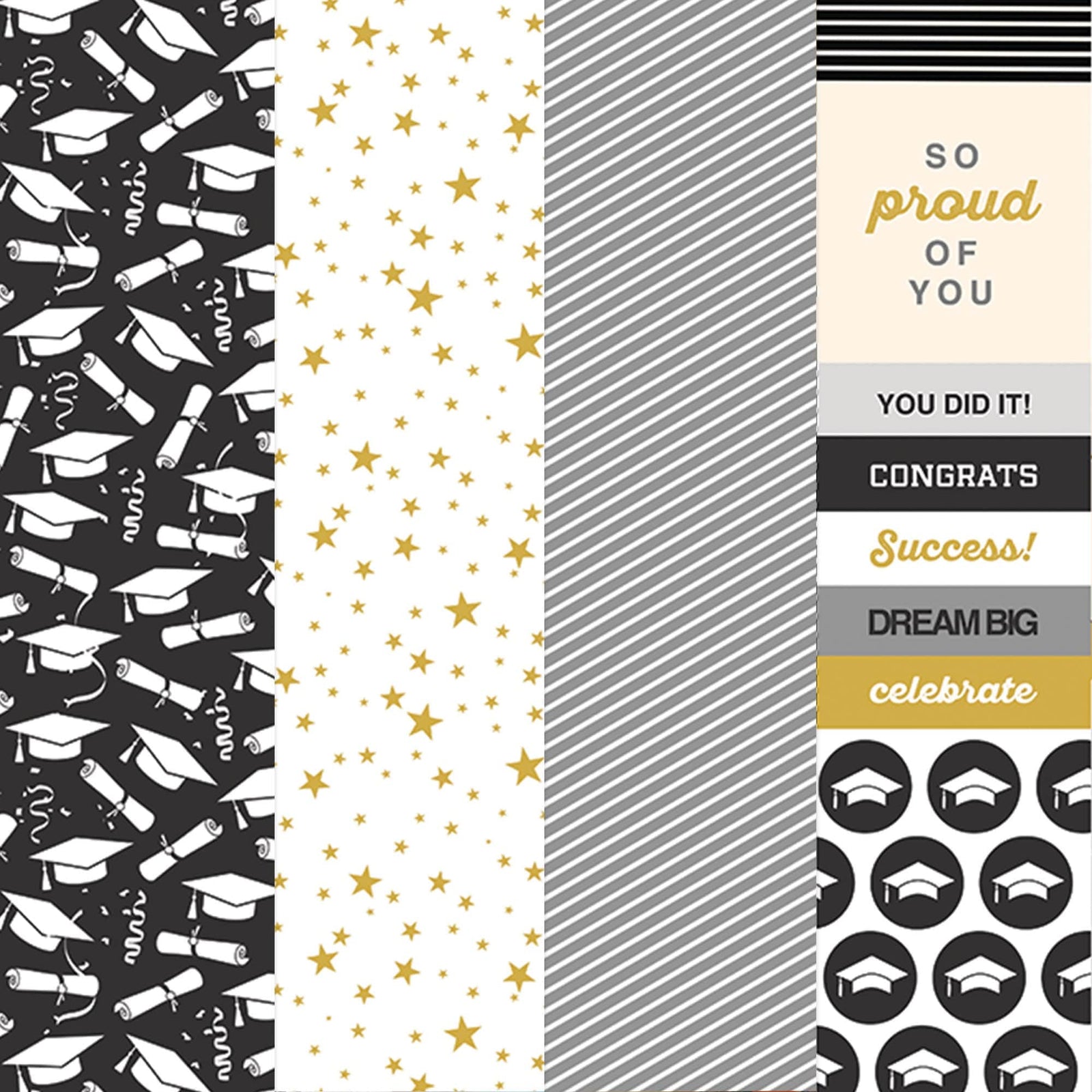 PSET-0028E - GRADUATION PATTERN 12 X12 SCRAPBOOK PAPER SET - Four vertical strips featuring graduation-themed designs in black, gold, and white with caps, diplomas, stars, and congratulatory text