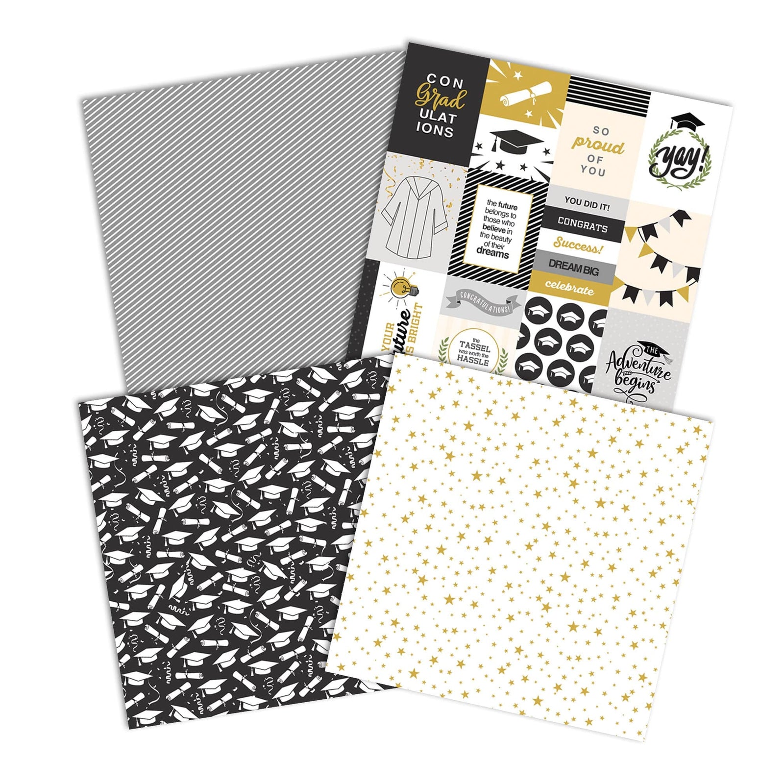 PSET-0028E - GRADUATION PATTERN 12 X12 SCRAPBOOK PAPER SET - Graduation-themed scrapbook paper set with black, gold, and white designs including caps, stars, and congratulatory messages