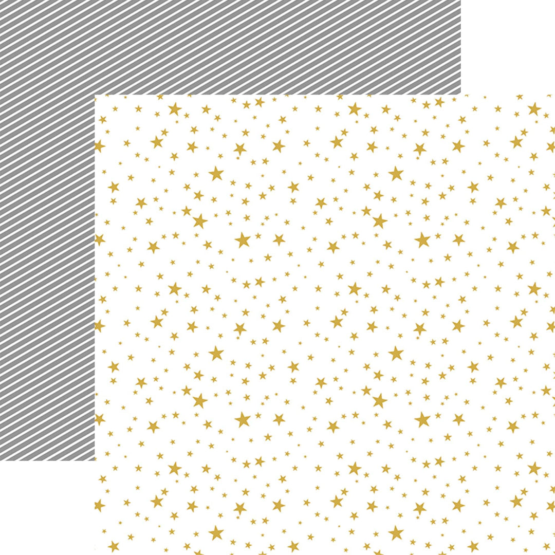 PSET-0028E - GRADUATION PATTERN 12 X12 SCRAPBOOK PAPER SET - Gold stars scattered on white background with gray diagonal striped pattern edge