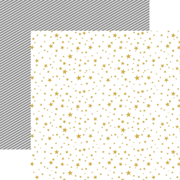 PSET-0028E - GRADUATION PATTERN 12 X12 SCRAPBOOK PAPER SET - Gold stars scattered on white background with gray diagonal striped pattern edge