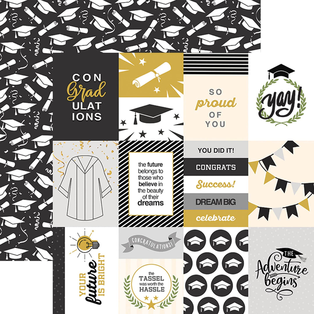 PSET-0028E - GRADUATION PATTERN 12 X12 SCRAPBOOK PAPER SET - Graduation-themed scrapbook paper set featuring black, gold, and cream colored squares with caps, diplomas, inspirational quotes, and celebration motifs