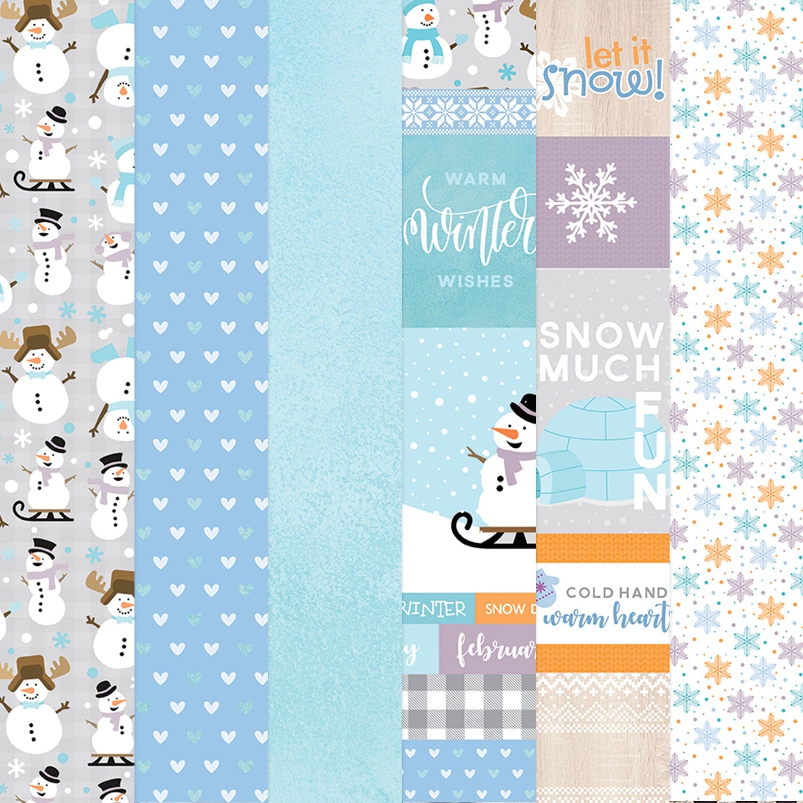 PSET-0029E - SNOW MUCH FUN PATTERN 12 X12 SCRAPBOOK PAPER SET - Twelve coordinating winter-themed scrapbook papers featuring snowmen, snowflakes, hearts, and holiday text in blue, purple, orange, and cream