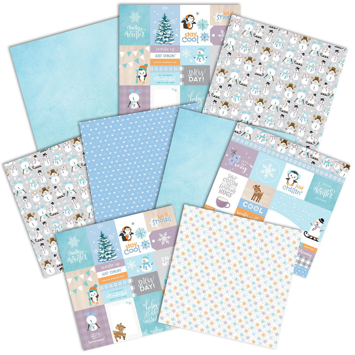 PSET-0029E - SNOW MUCH FUN PATTERN 12 X12 SCRAPBOOK PAPER SET - Winter-themed scrapbook paper collection featuring snowmen, penguins, trees, and snowflakes in blue, purple, and cream tones