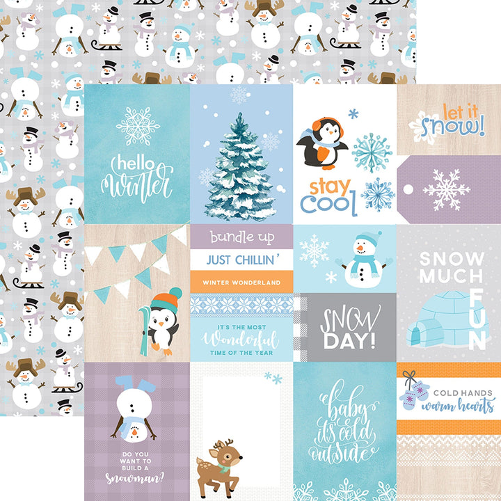 PSET-0029E - SNOW MUCH FUN PATTERN 12 X12 SCRAPBOOK PAPER SET - Winter-themed scrapbook paper set featuring snowmen, penguins, trees, and coordinating text blocks in blue, purple, orange, and cream colors