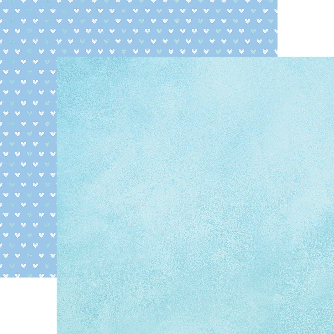 PSET-0029E - SNOW MUCH FUN PATTERN 12 X12 SCRAPBOOK PAPER SET - Two-sided scrapbook paper featuring white hearts on blue and solid light turquoise textures