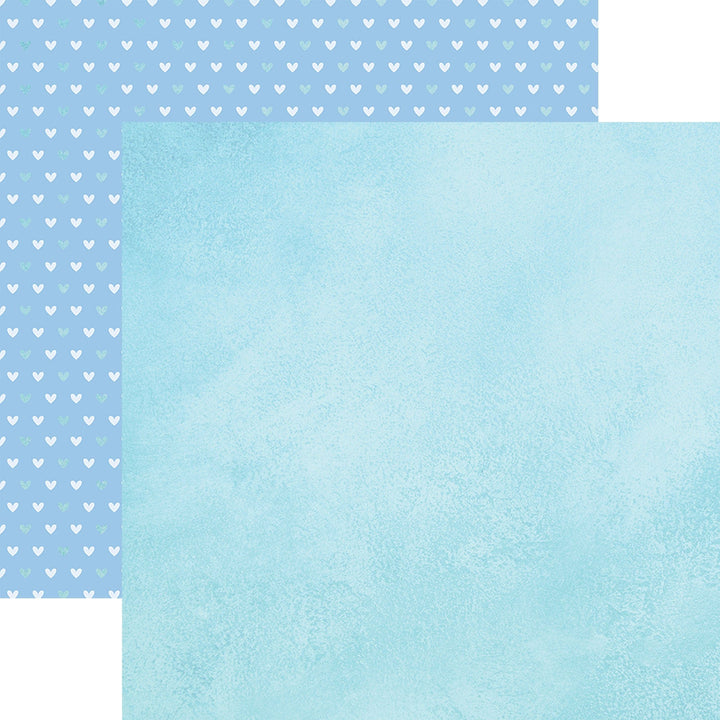 PSET-0029E - SNOW MUCH FUN PATTERN 12 X12 SCRAPBOOK PAPER SET - Two-sided scrapbook paper featuring white hearts on blue and solid light turquoise textures