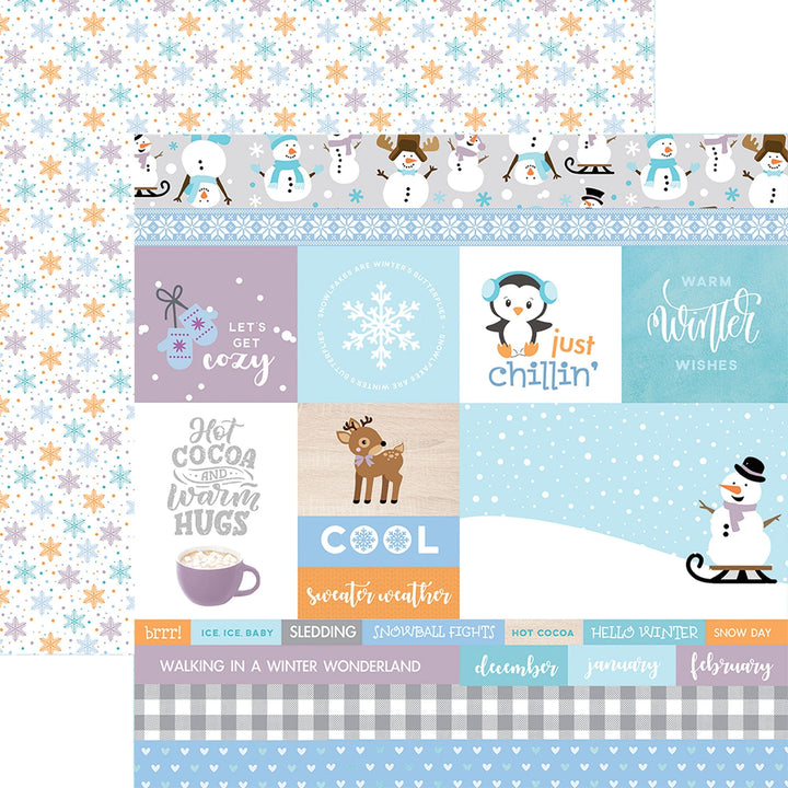 PSET-0029E - SNOW MUCH FUN PATTERN 12 X12 SCRAPBOOK PAPER SET - Winter-themed scrapbook paper set with snowflakes, snowmen, penguins, and seasonal text on blue, purple, and cream backgrounds