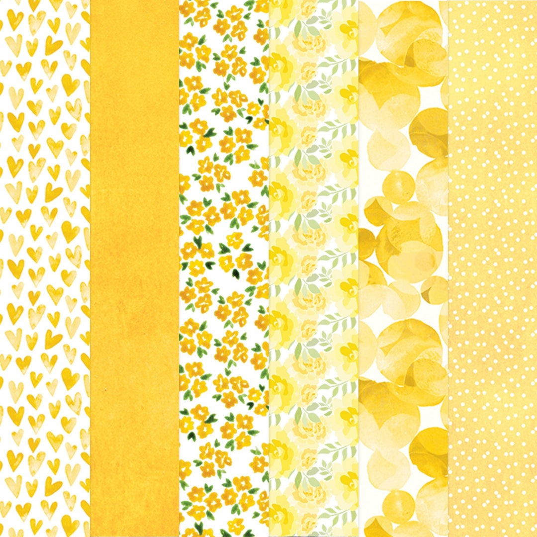 PSET-0030E - YELLOW COLORWAYS PATTERN 12 X 12 PAPER SET - Six vertical paper strips in shades of yellow featuring hearts, solid color, floral, roses, circles, and dot patterns