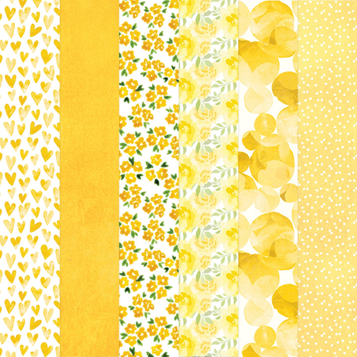 PSET-0030E - YELLOW COLORWAYS PATTERN 12 X 12 PAPER SET - Six vertical paper strips in shades of yellow featuring hearts, solid color, floral, roses, circles, and dot patterns
