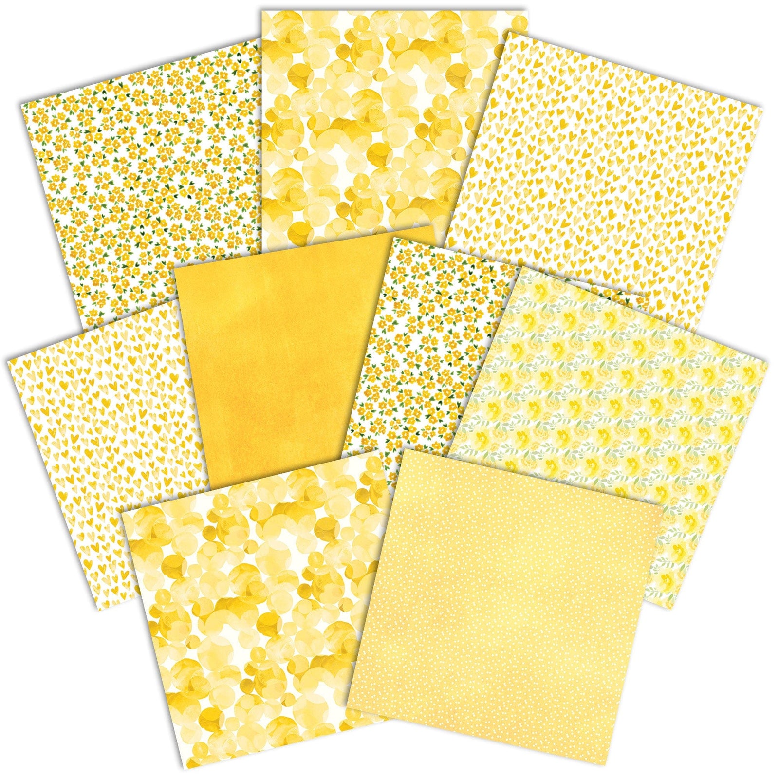 PSET-0030E - YELLOW COLORWAYS PATTERN 12 X 12 PAPER SET - Nine yellow-themed patterned papers arranged in a grid, featuring hearts, flowers, polka dots, and solid designs