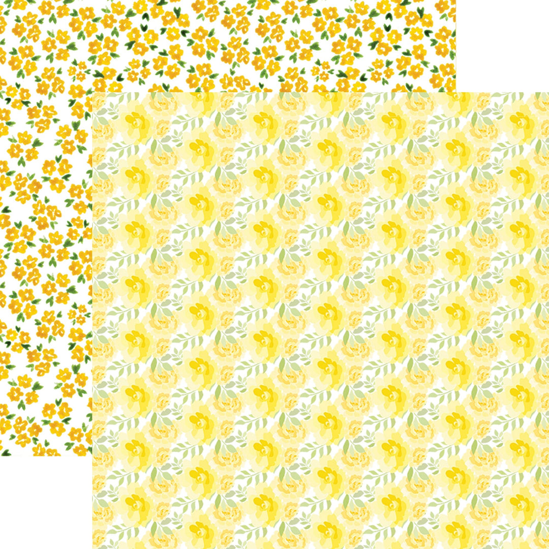 PSET-0030E - YELLOW COLORWAYS PATTERN 12 X 12 PAPER SET - Two overlapping decorative papers featuring yellow floral patterns with green foliage on white backgrounds