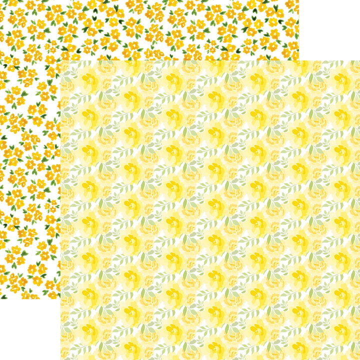 PSET-0030E - YELLOW COLORWAYS PATTERN 12 X 12 PAPER SET - Two overlapping decorative papers featuring yellow floral patterns with green foliage on white backgrounds
