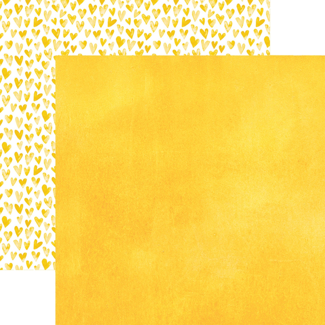 PSET-0030E - YELLOW COLORWAYS PATTERN 12 X 12 PAPER SET - Two-sided yellow paper showing heart pattern on white background and solid yellow texture