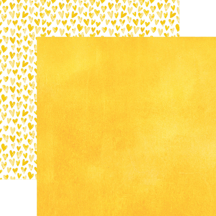 PSET-0030E - YELLOW COLORWAYS PATTERN 12 X 12 PAPER SET - Two-sided yellow paper showing heart pattern on white background and solid yellow texture