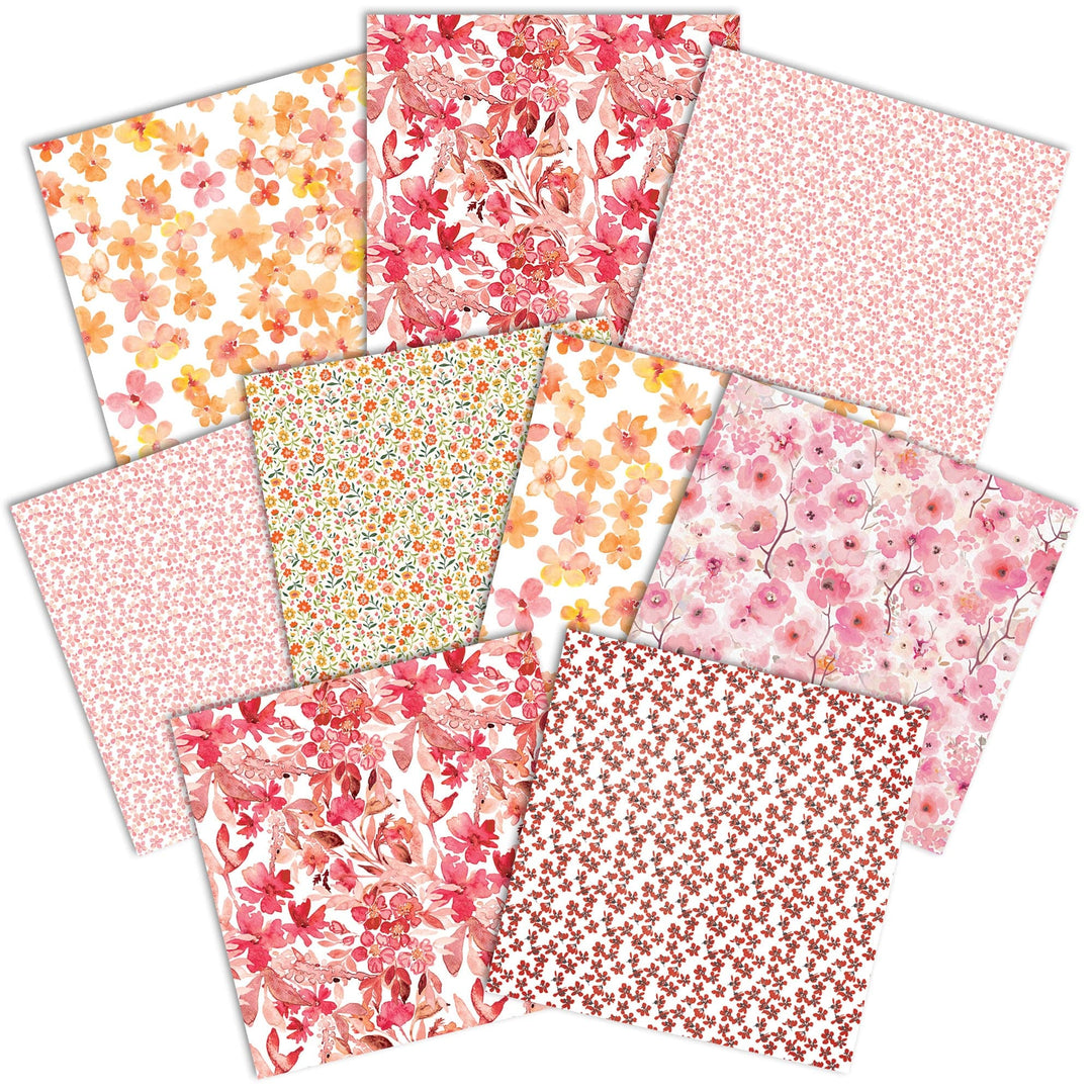 PSET-0031E - WARM FLORAL COLORWAYS PATTERN 12 X12 SCRAPBOOK PAPER SET - Ten sheets of floral scrapbook paper in warm tones featuring pink, red, orange, and cream colored flower patterns and small-scale designs