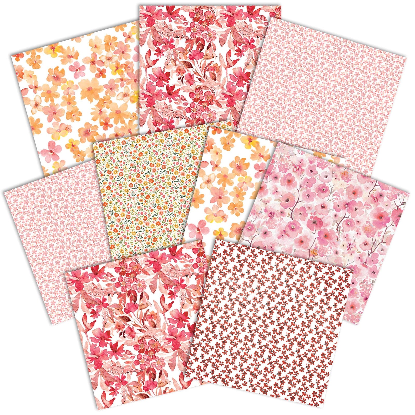 PSET-0031E - WARM FLORAL COLORWAYS PATTERN 12 X12 SCRAPBOOK PAPER SET - Ten sheets of floral scrapbook paper in warm tones featuring pink, red, orange, and cream colored flower patterns and small-scale designs