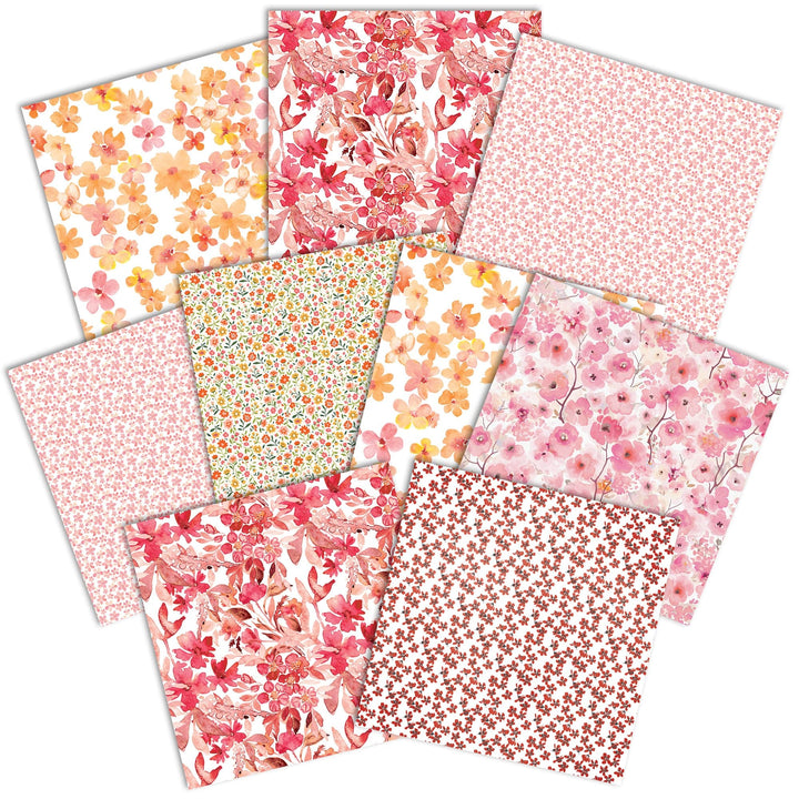 PSET-0031E - WARM FLORAL COLORWAYS PATTERN 12 X12 SCRAPBOOK PAPER SET - Ten sheets of floral scrapbook paper in warm tones featuring pink, red, orange, and cream colored flower patterns and small-scale designs
