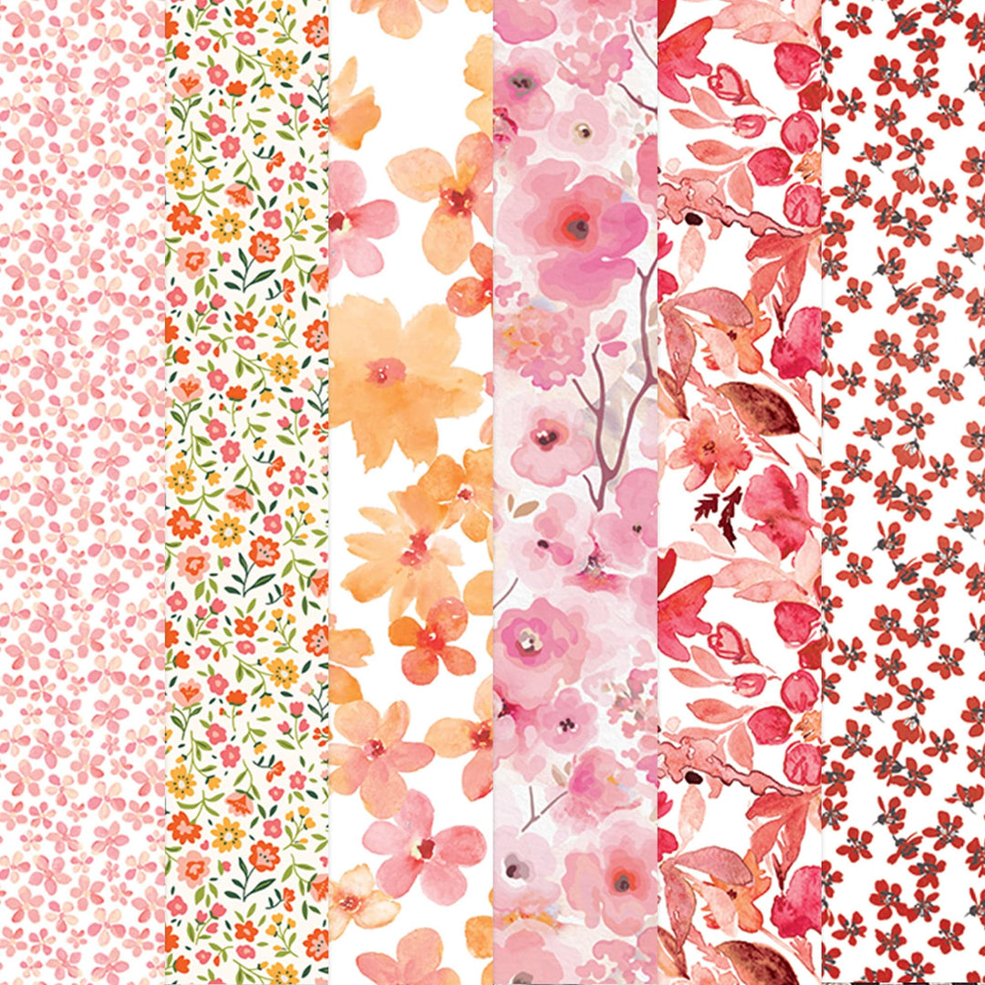 PSET-0031E - WARM FLORAL COLORWAYS PATTERN 12 X12 SCRAPBOOK PAPER SET - Six vertical strips of floral scrapbook paper in pink, orange, yellow, and red watercolor flower patterns on white backgrounds