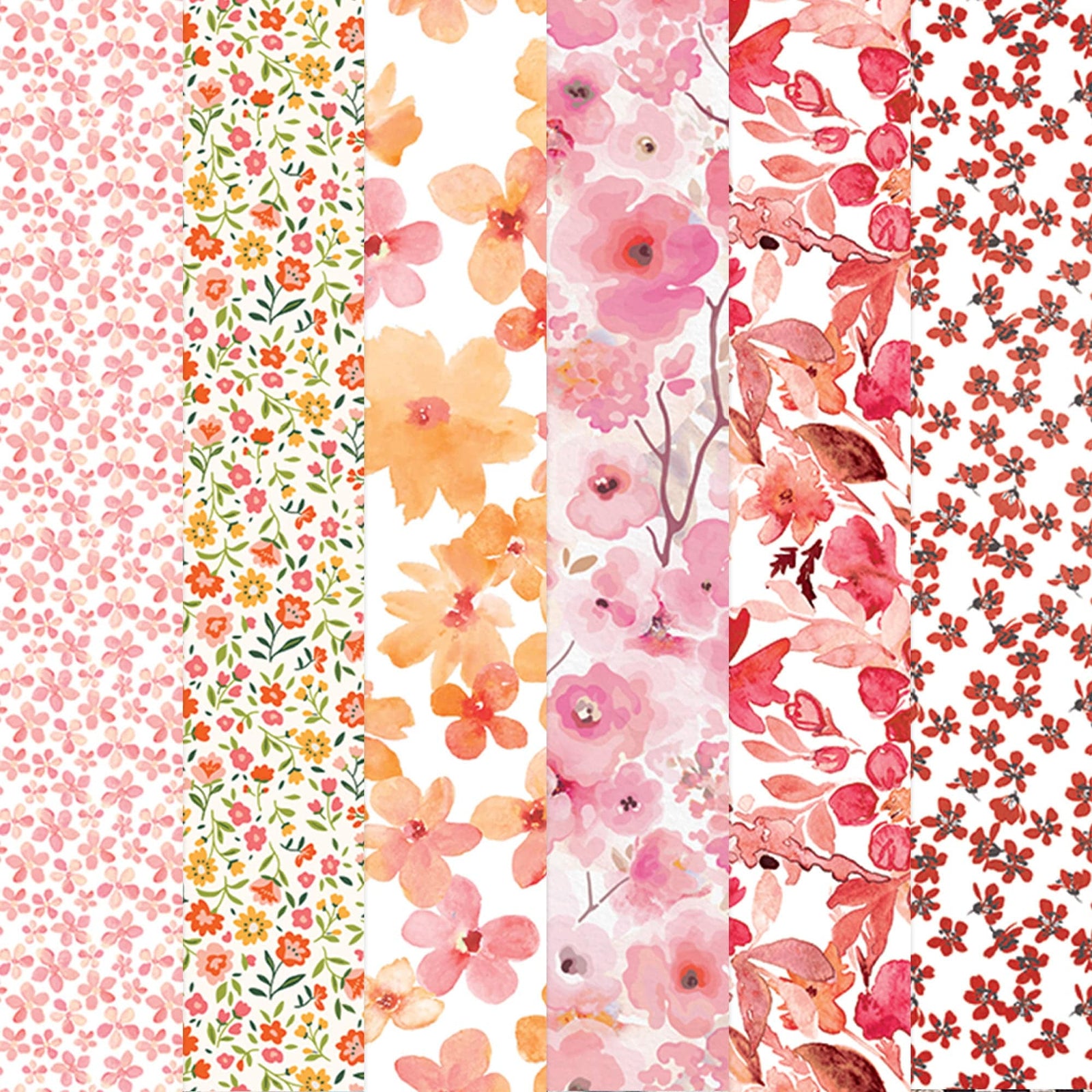 PSET-0031E - WARM FLORAL COLORWAYS PATTERN 12 X12 SCRAPBOOK PAPER SET - Six vertical strips of floral scrapbook paper in pink, orange, yellow, and red watercolor flower patterns on white backgrounds