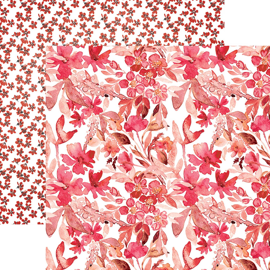 PSET-0031E - WARM FLORAL COLORWAYS PATTERN 12 X12 SCRAPBOOK PAPER SET - Two coordinating floral scrapbook paper designs in red and pink watercolor flowers on white backgrounds