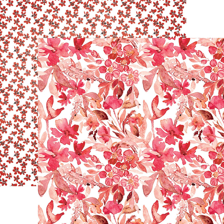 PSET-0031E - WARM FLORAL COLORWAYS PATTERN 12 X12 SCRAPBOOK PAPER SET - Two coordinating floral scrapbook paper designs in red and pink watercolor flowers on white backgrounds