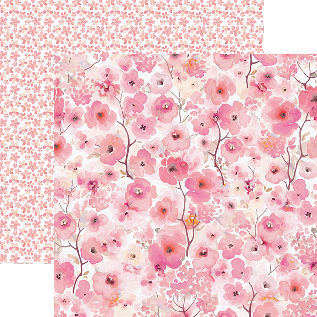 PSET-0031E - WARM FLORAL COLORWAYS PATTERN 12 X12 SCRAPBOOK PAPER SET - Two coordinating pink floral scrapbook paper designs with delicate flowers and small leaf patterns on white backgrounds