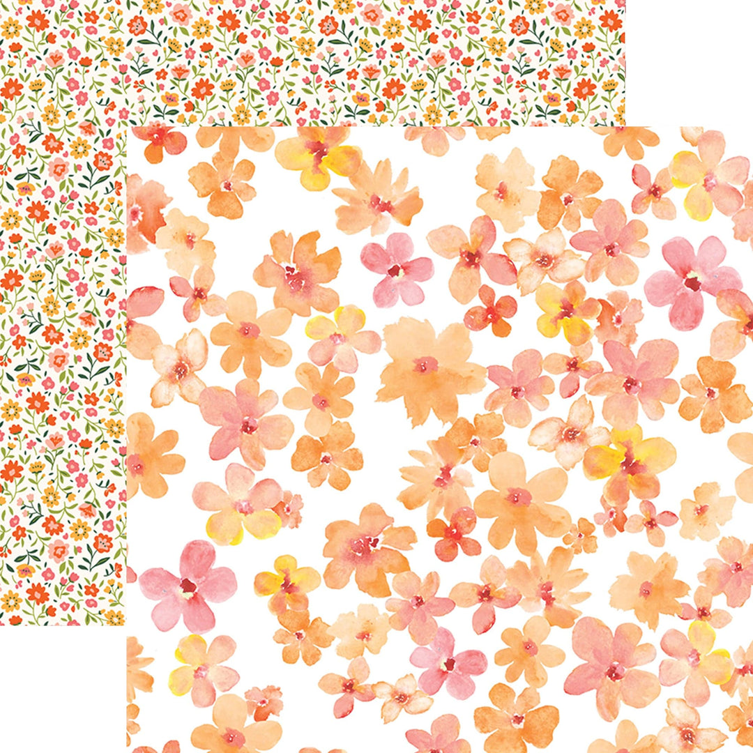 PSET-0031E - WARM FLORAL COLORWAYS PATTERN 12 X12 SCRAPBOOK PAPER SET - Two-sided scrapbook paper featuring warm watercolor flowers in peach, pink, yellow, and orange tones on white and patterned backgrounds