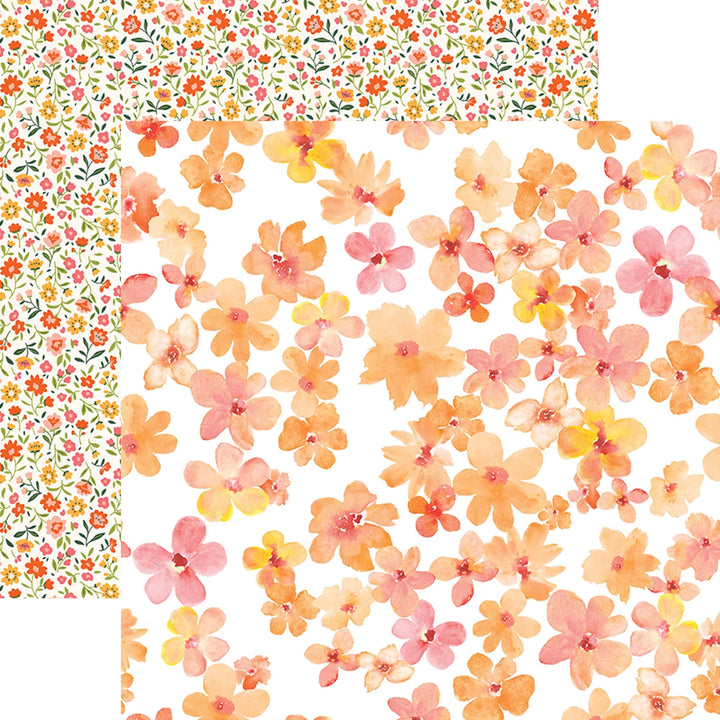 PSET-0031E - WARM FLORAL COLORWAYS PATTERN 12 X12 SCRAPBOOK PAPER SET - Two-sided scrapbook paper featuring warm watercolor flowers in peach, pink, yellow, and orange tones on white and patterned backgrounds