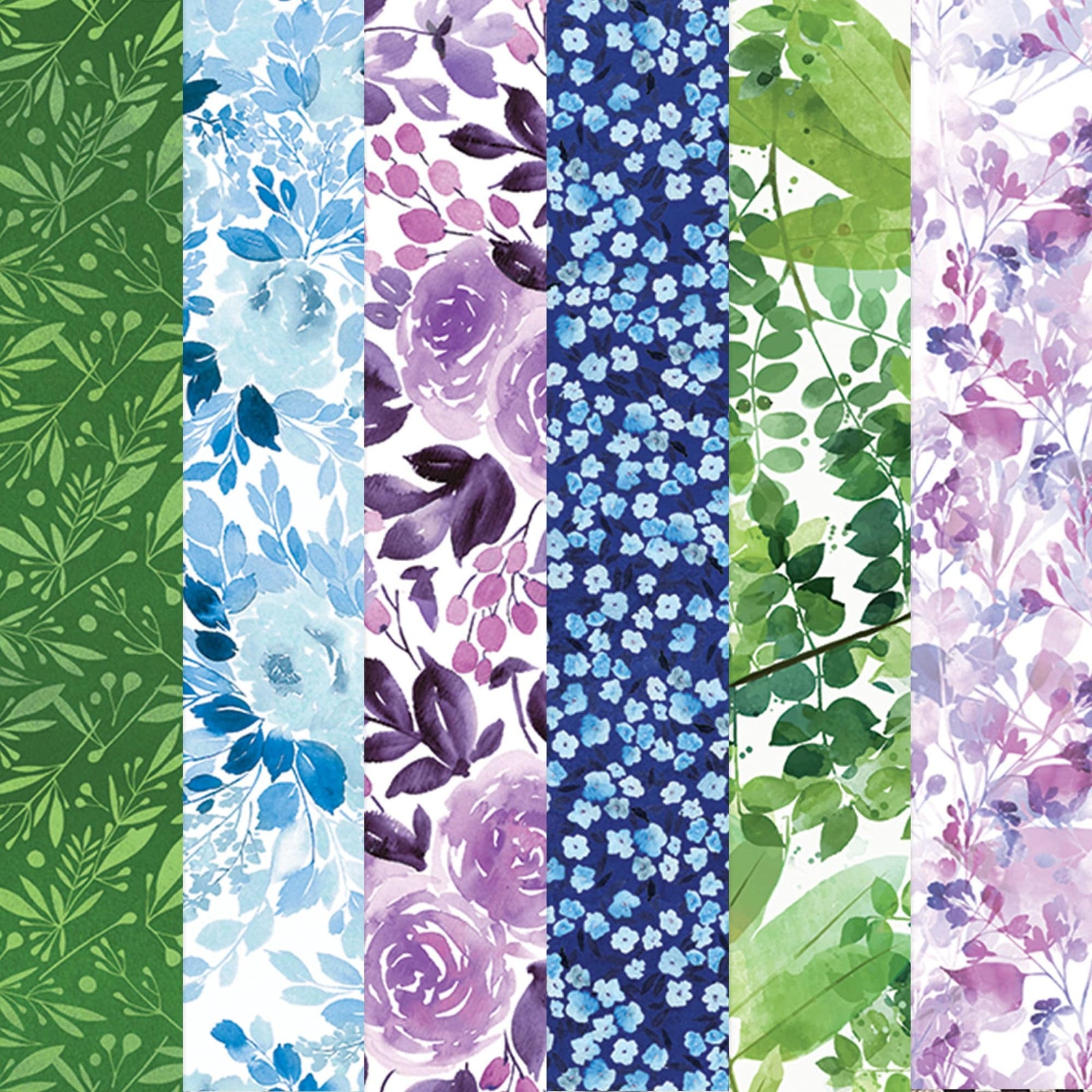 PSET-0032E - COOL FLORAL COLORWAYS PATTERN 12 X12 SCRAPBOOK PAPER SET - Six vertical fabric swatches displaying floral patterns in green, blue, purple, and coordinating botanical designs