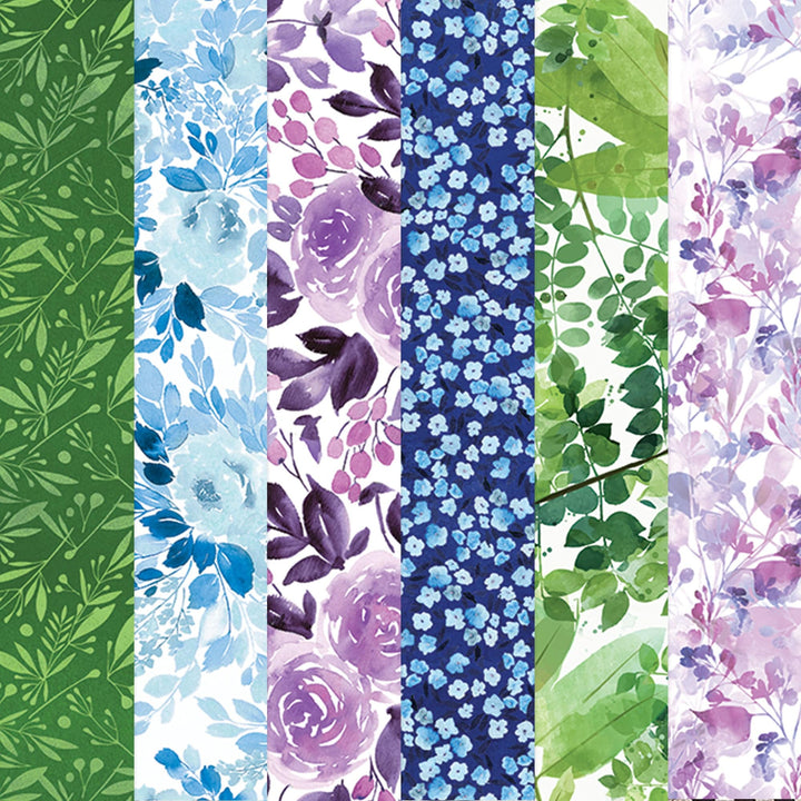 PSET-0032E - COOL FLORAL COLORWAYS PATTERN 12 X12 SCRAPBOOK PAPER SET - Six vertical fabric swatches displaying floral patterns in green, blue, purple, and coordinating botanical designs